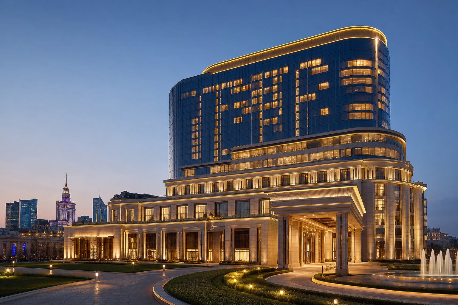 Poland House Inn Warsaw casino hotel at dusk