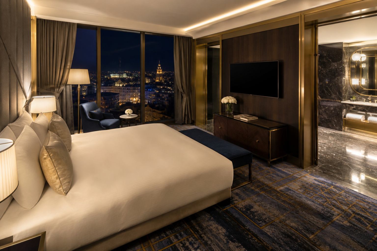 Luxury suite at Poland House Inn overlooking the city at night