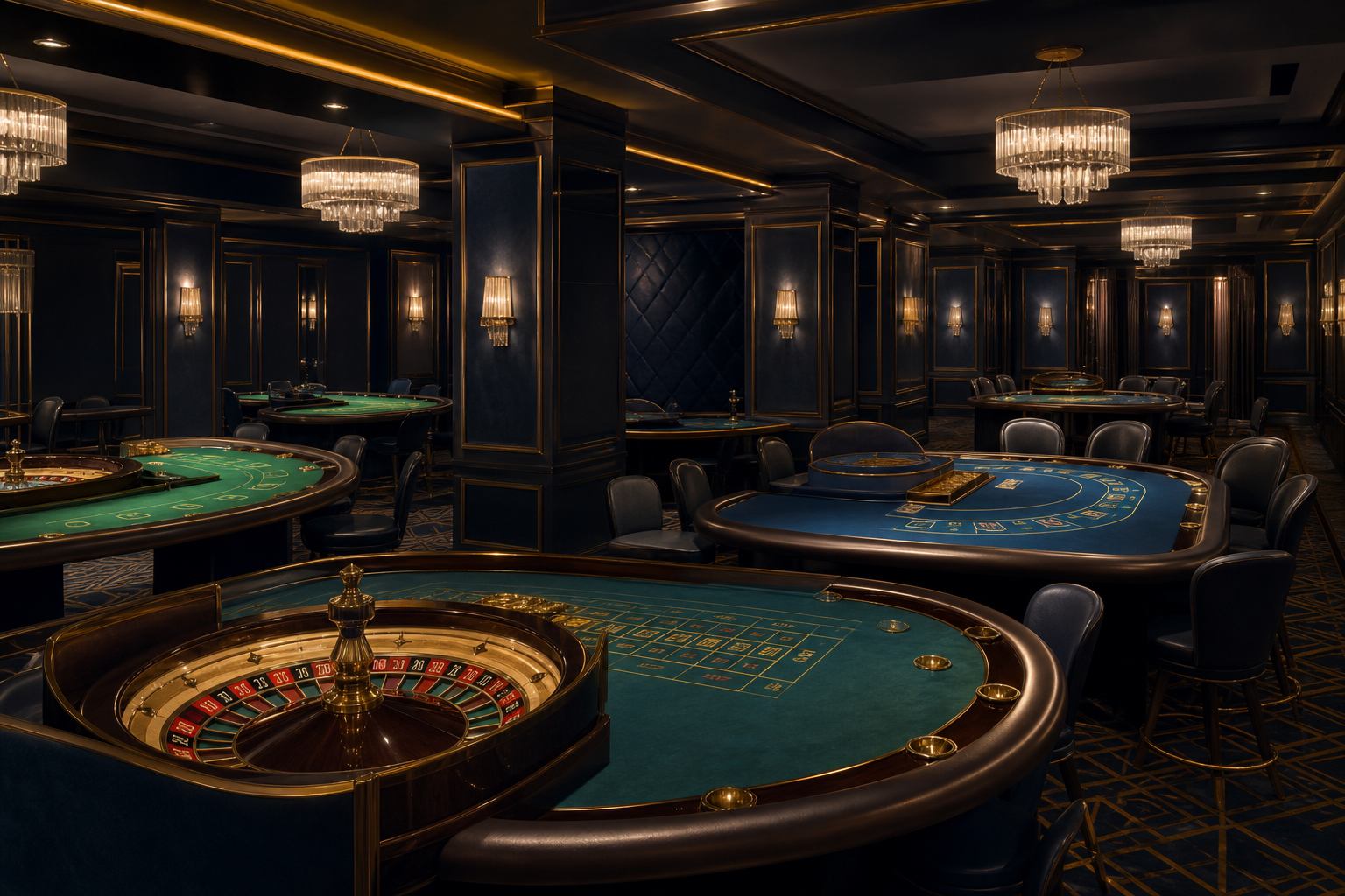 Private table games salon with roulette and card tables